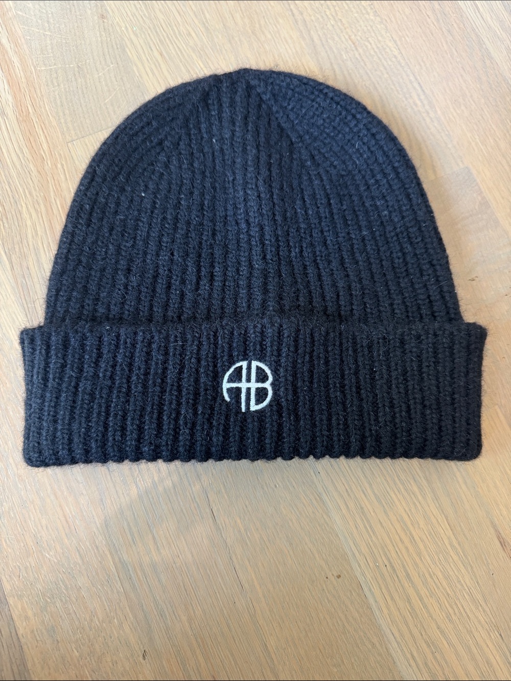 Anine Bing Black Ribbed Beanie with AB Logo